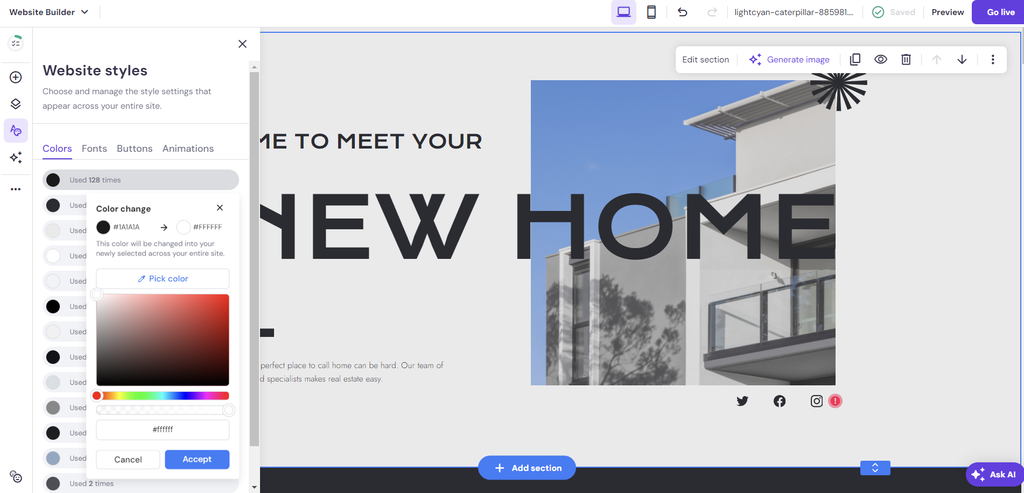 The Website Styles feature in Hostinger Website Builder, with the Colors tab opened