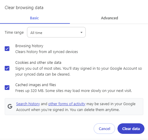 Clear browsing data popup in Chrome