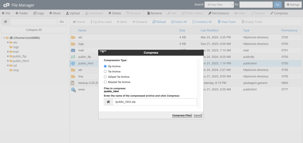 cPanel file manager public_html compression type