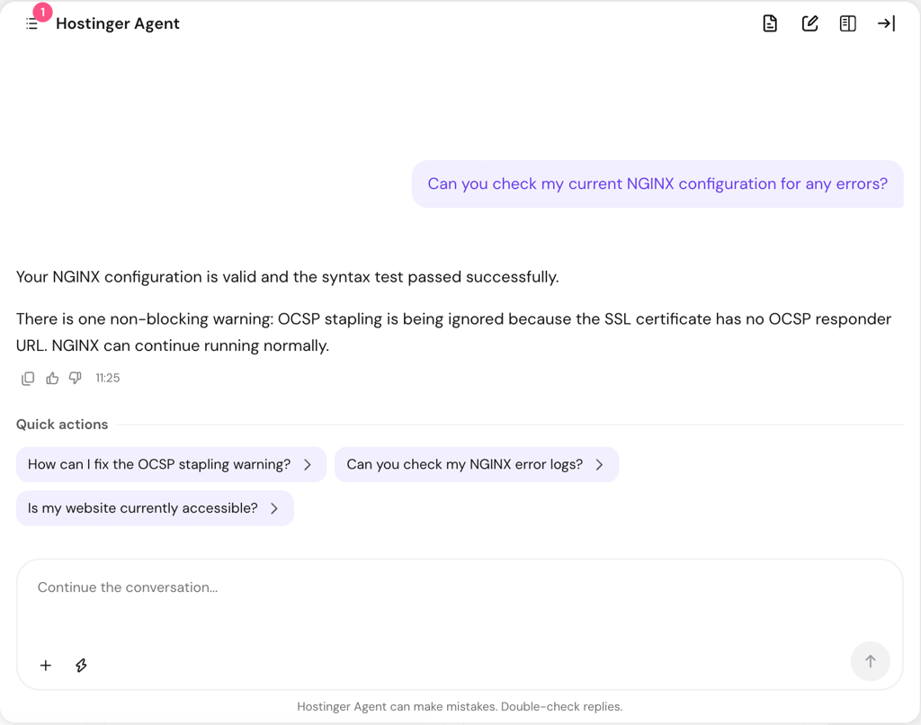 Hostinger Agent chat confirming an NGINX configuration is valid, noting a non-blocking OCSP stapling warning, with quick action suggestions to fix the warning or check error logs