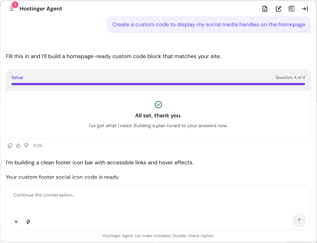 Hostinger Agent chat building custom code to display social media handles, showing a completed four-question setup and a message that the footer social icon code is ready