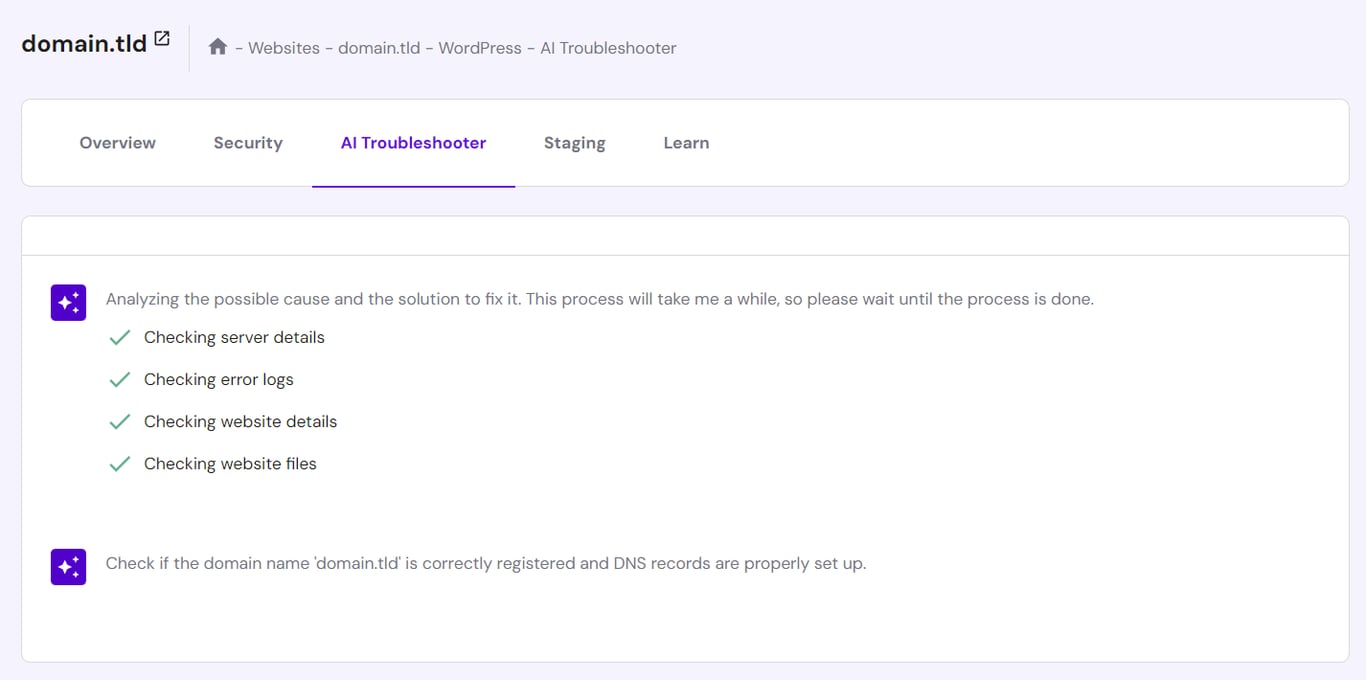 Hostinger's WordPress AI Troubleshooter