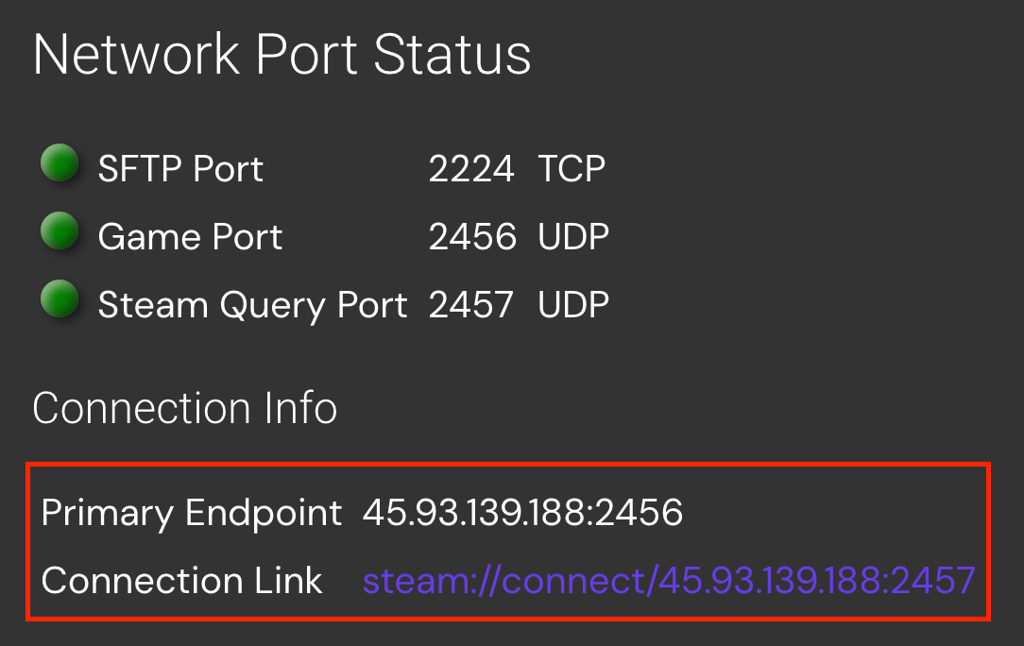 The new Game Panel instance's Connection Info section under "Network Port Status"