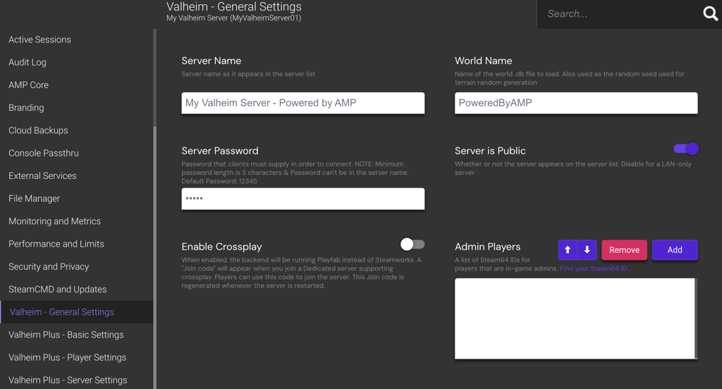 The Game Panel "General Settings" configuration menu window