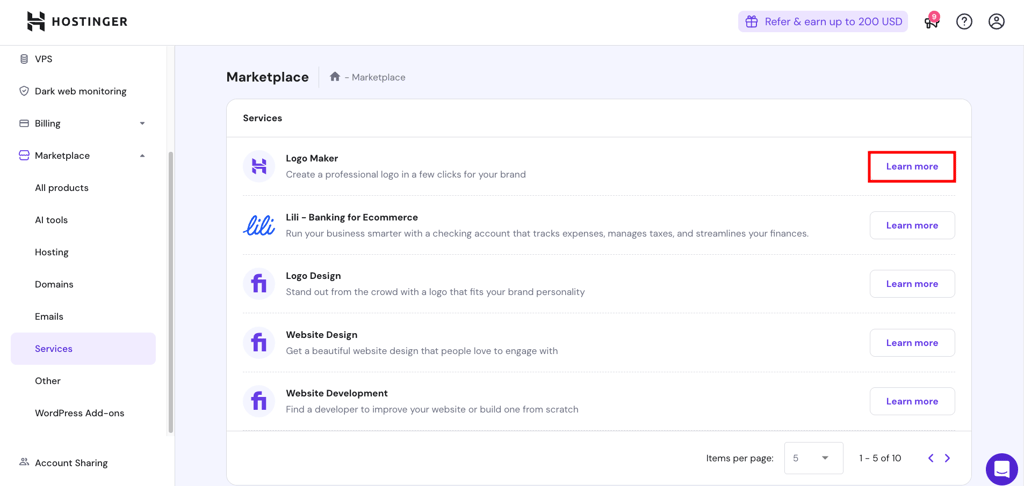 Hostinger hPanel, highlighting the button to access Logo Maker service