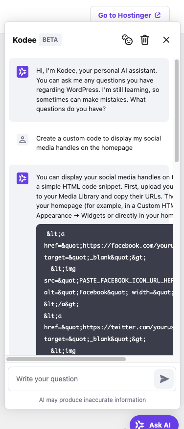 Kodee AI assistant in Hostinger