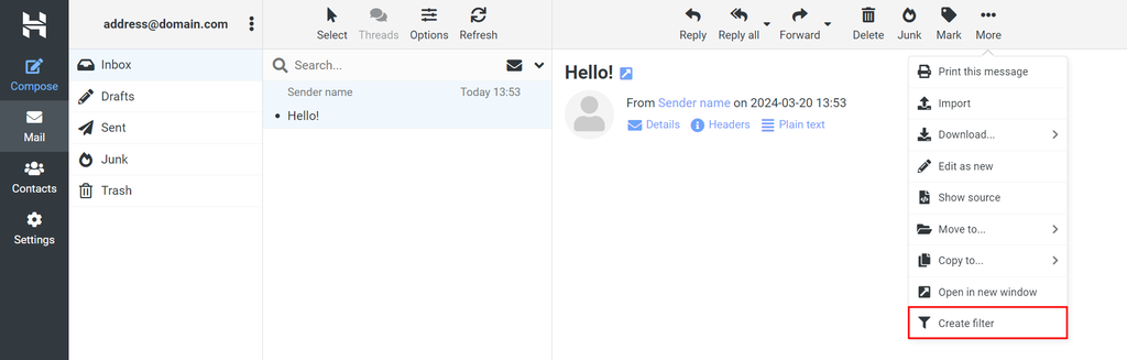 Hostinger webmail, highlighting the option to create a filter