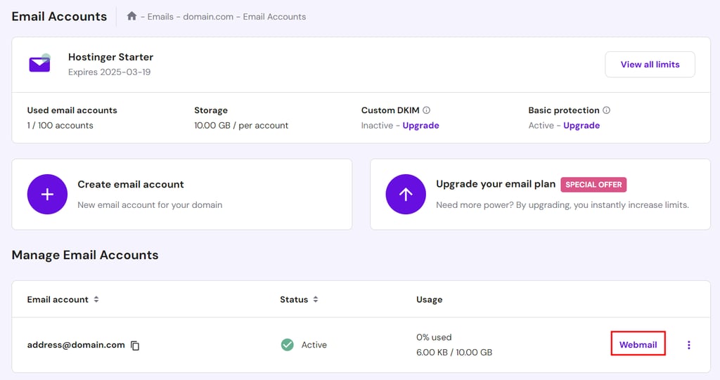 Email Accounts section in hPanel, highlighting the button to access the webmail