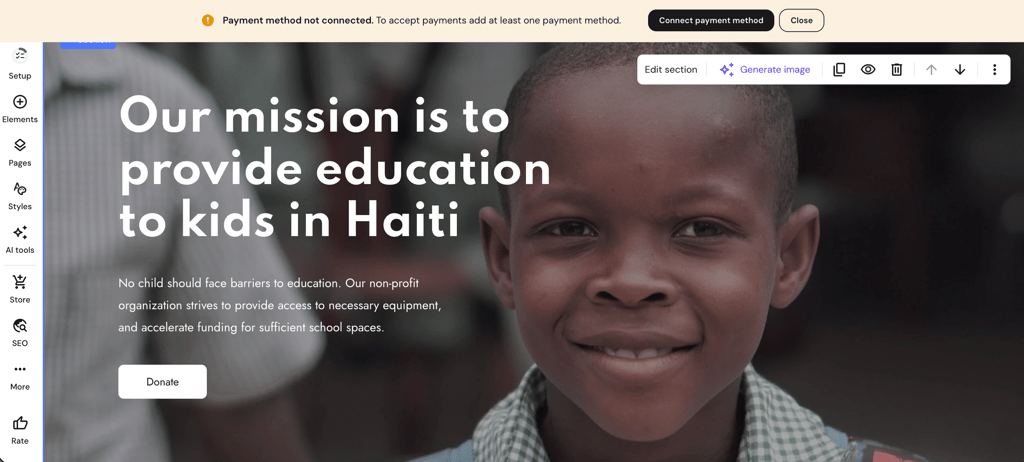 Hostinger Website Builder editor showing a nonprofit website template with a donation section focused on providing education to children in Haiti.