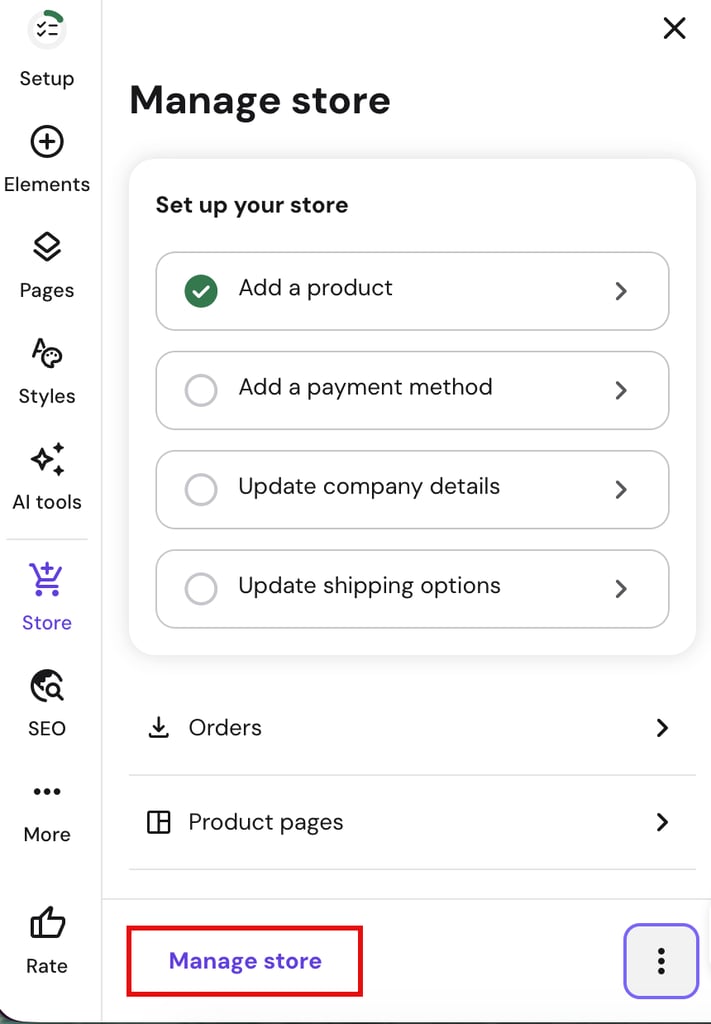 Hostinger Website Builder store setup panel showing options to add products, payment methods, company details, and shipping settings.