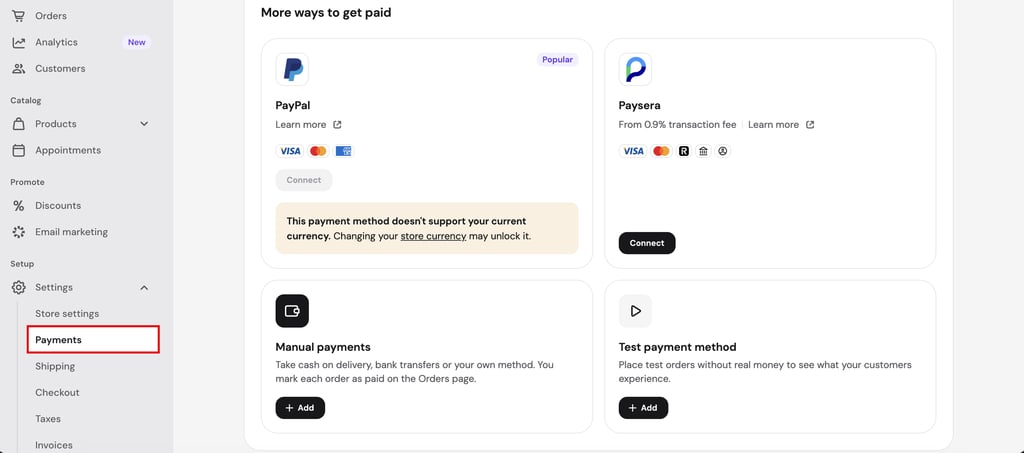 Hostinger store payment settings showing PayPal, Paysera, manual payments, and a test payment method.