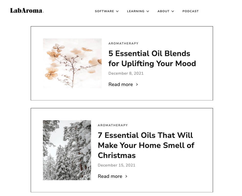 An example of a couple of blog posts by LabAroma on essential oils and aromatherapy