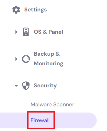 The Firewall menu in hPanel's VPS overview sidebar