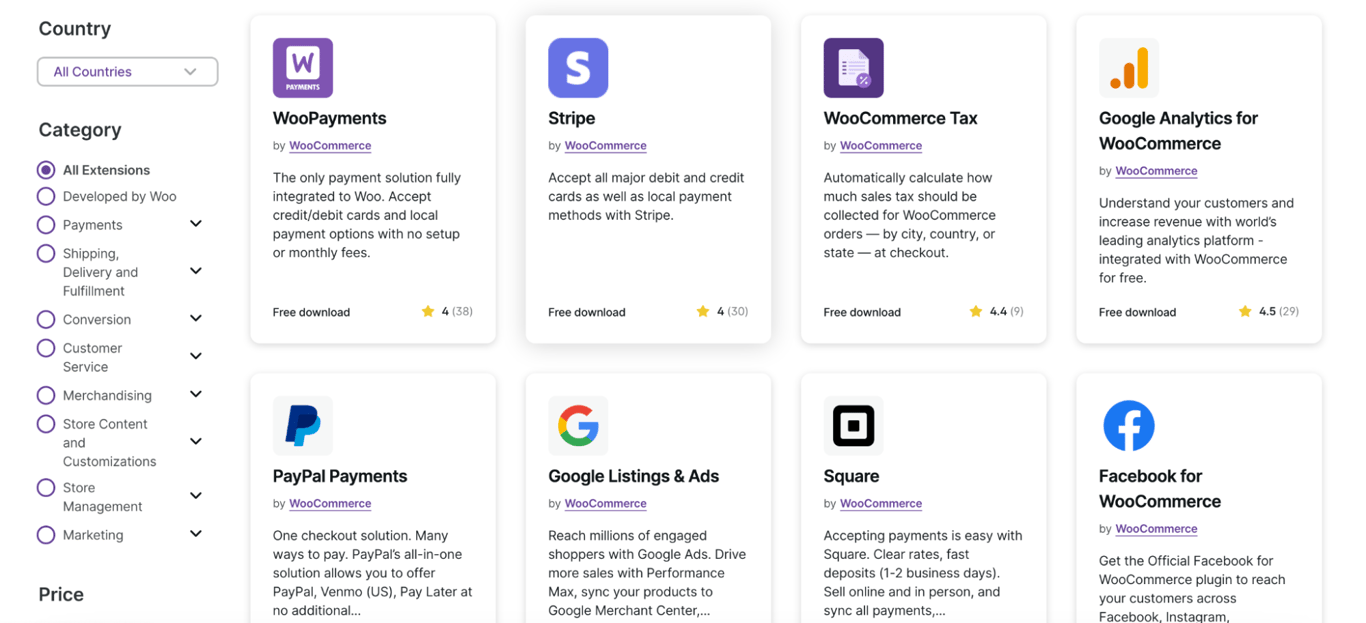 WooCommerce extension library, with a list of categories on the left-hand side