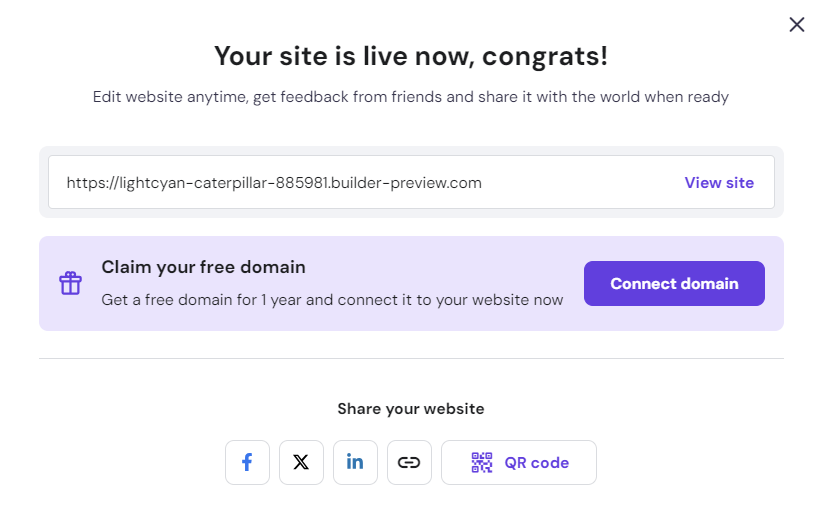 The message within Hostinger Website Builder that says your site is now live
