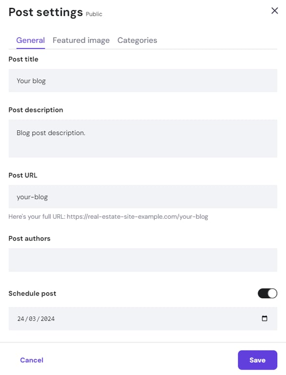 The Post settings in Hostinger Website Builder