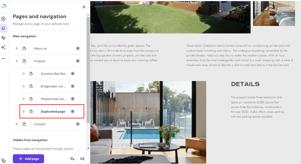 An example of creating a duplicated listing page and moving it under the Projects page