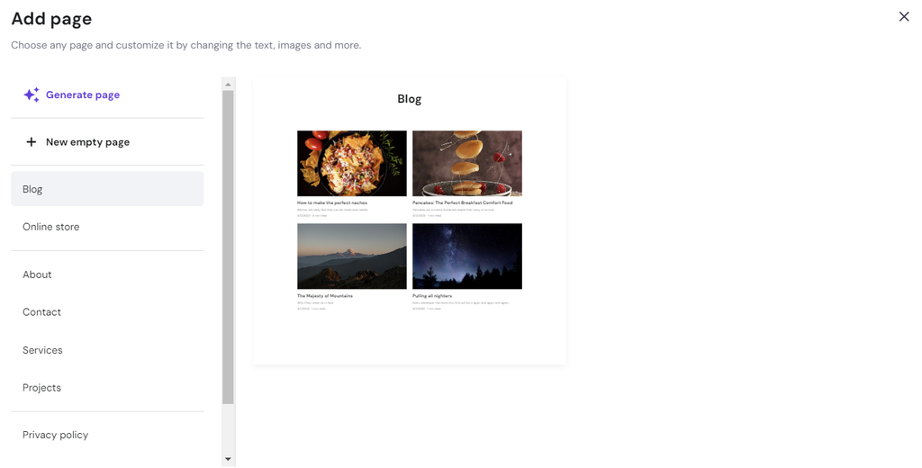 The Blog section template in Hostinger Website Builder