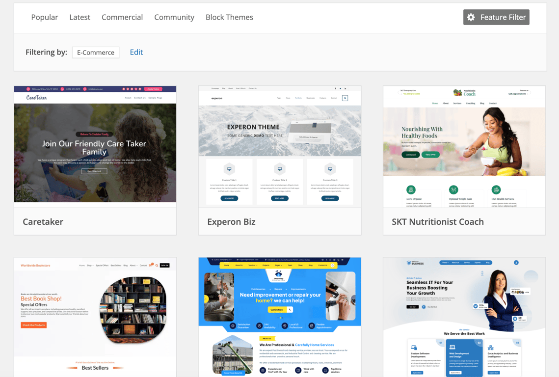 WordPress theme library, with an eCommerce filter applied
