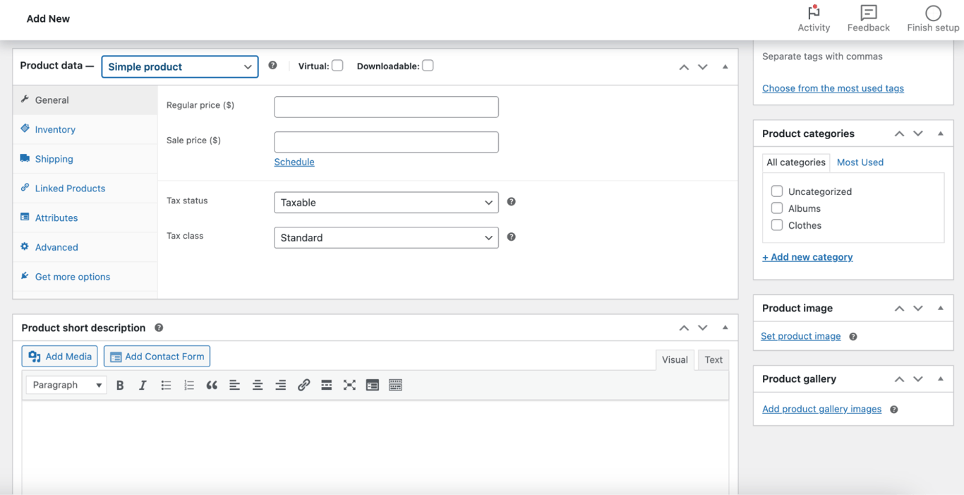 adding a product in WooCommerce, with fields for price, tax status, description, and more