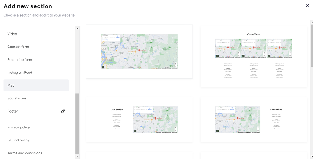 The Map section templates in Hostinger Website Builder