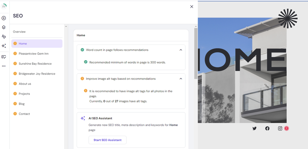 The SEO tools showing the recommended word count and alt tags