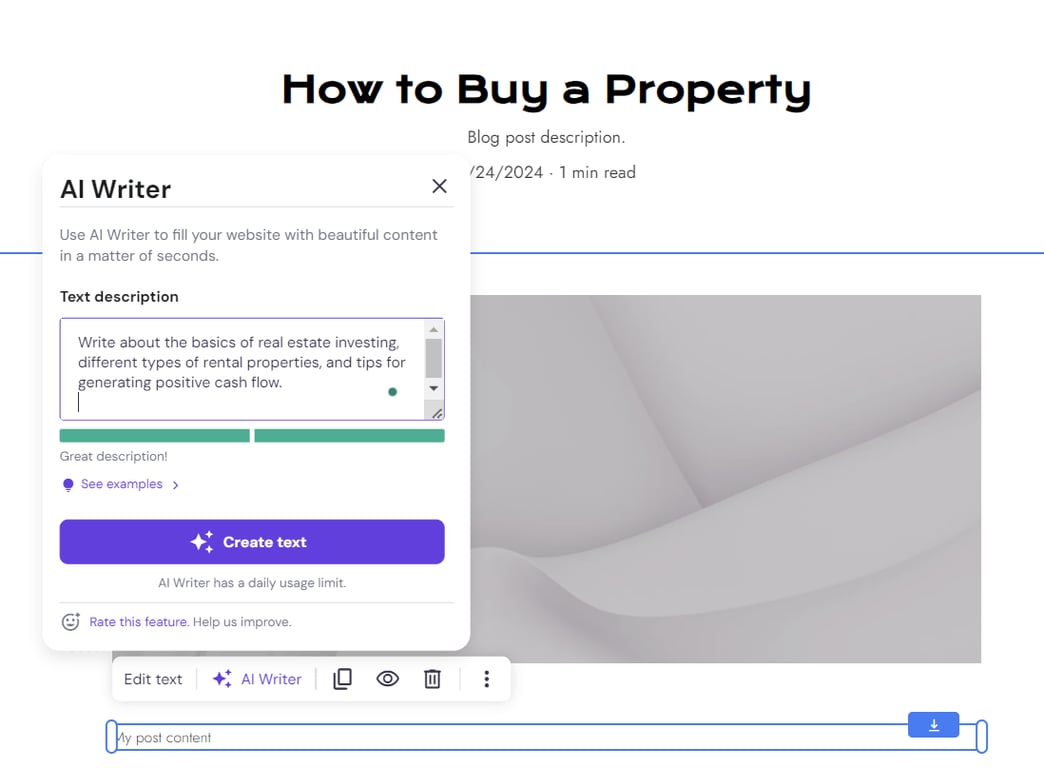 The AI Writer tool used to create a blog post
