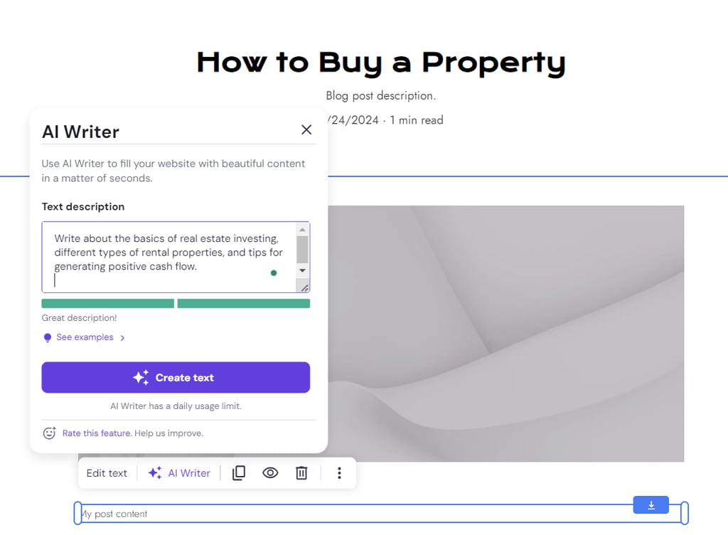 The AI Writer tool used to create a blog post