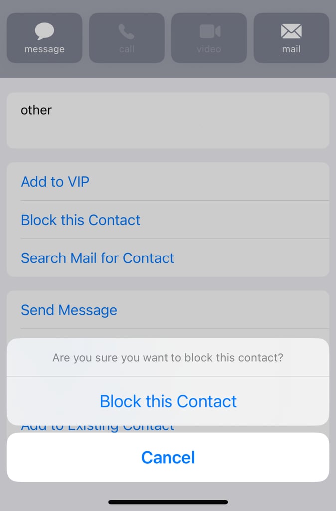 The confirmation page to block a sender in iOS