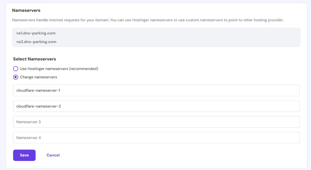 Nameservers configuration menu in hPanel