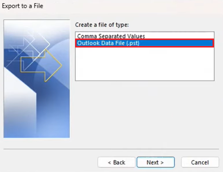 Selecting Outlook Data File (.pst) when exporting emails