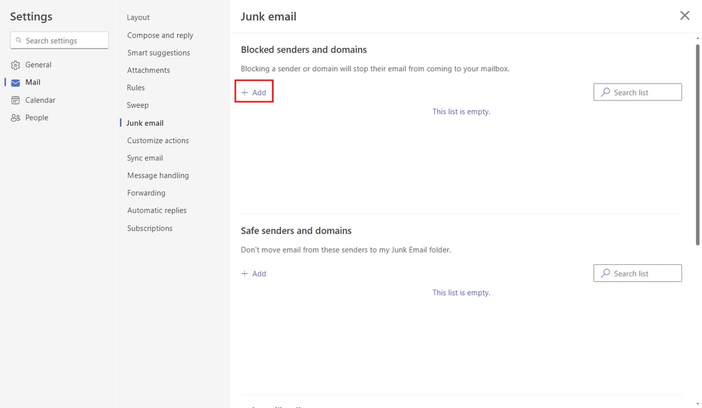 Mail settings in Outlook, highlighting the option to add a sender or domain to the block list