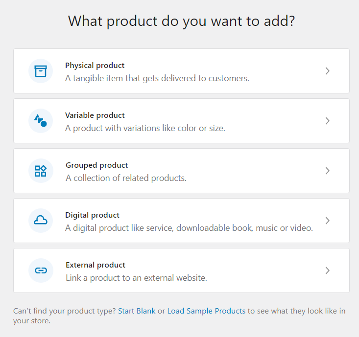 Product type options in WooCommerce.