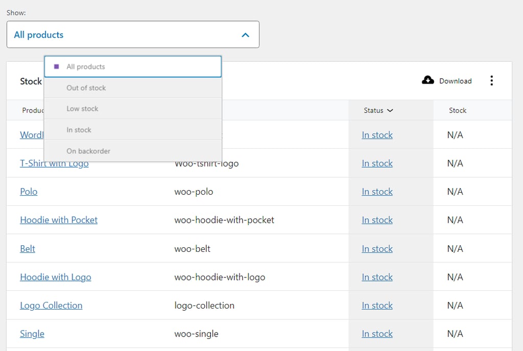 Stock statuses for WooCommerce products.