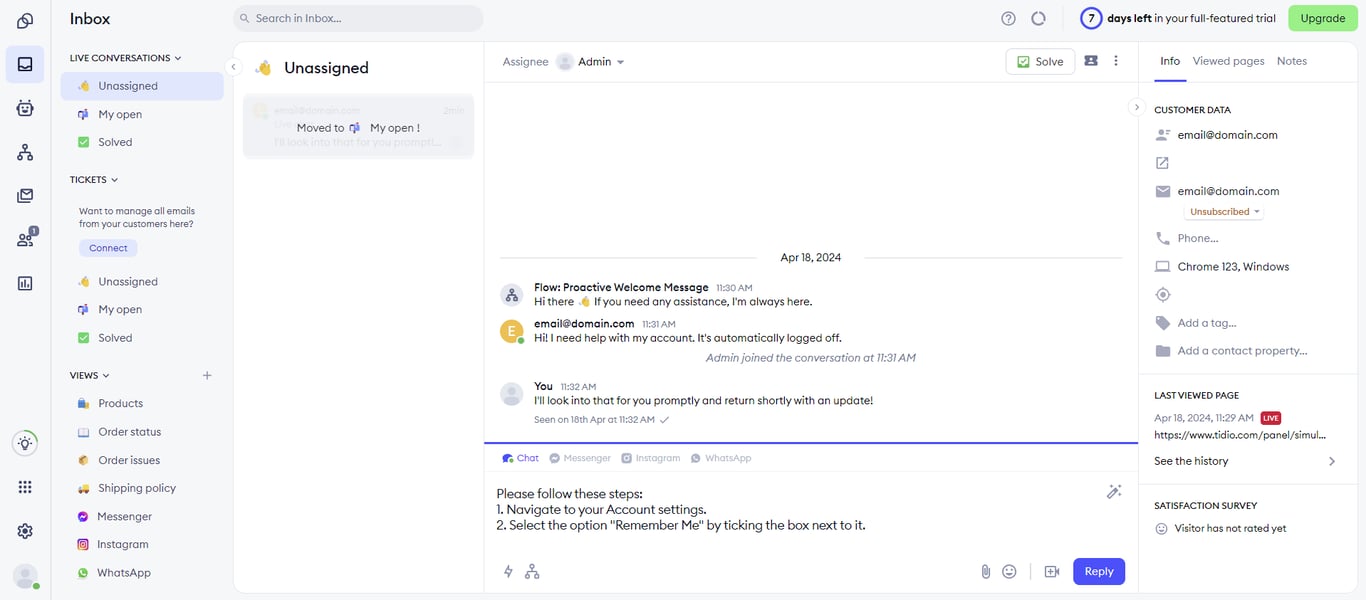 Tidio chatbot backend interface