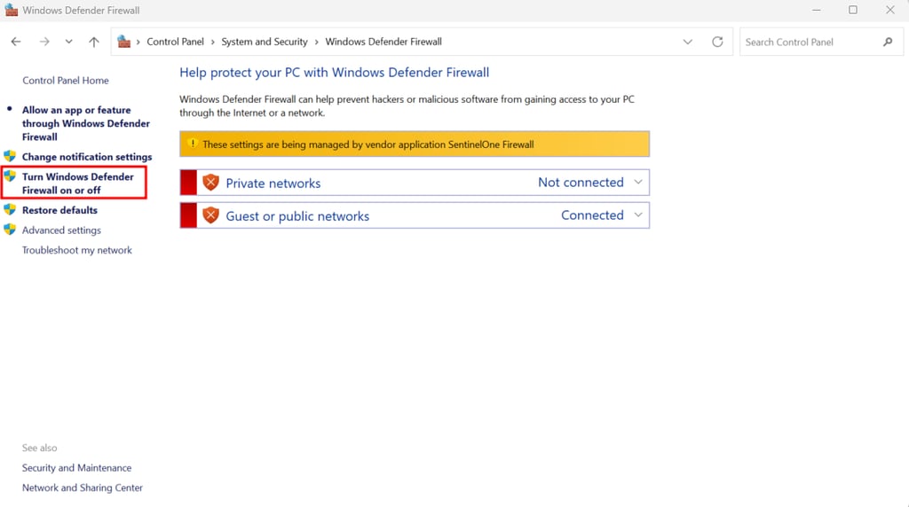 Windows Defender Firewall section, highlighting the option to turn it on or off