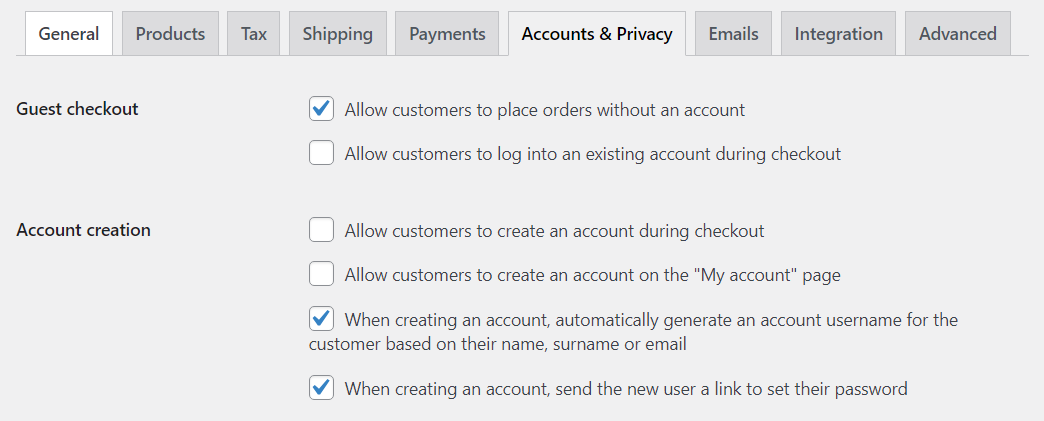 Settings for WooCommerce accounts and privacy.