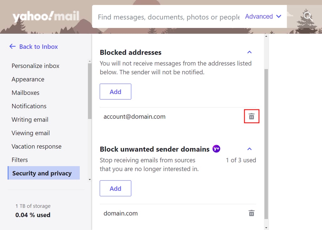 Yahoo security and privacy section, highlighting the trash icon next to a sender's address to remove it from the list