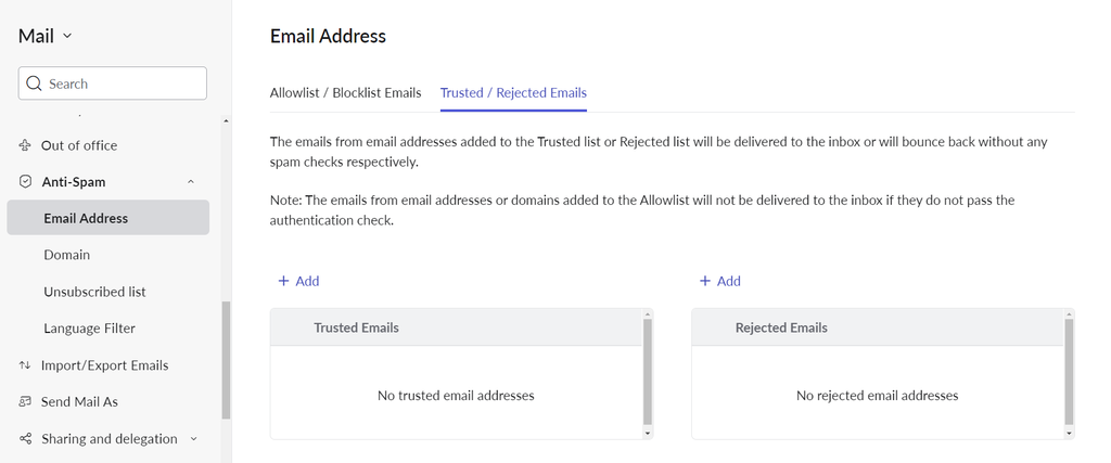 Email block list in Zoho Mail