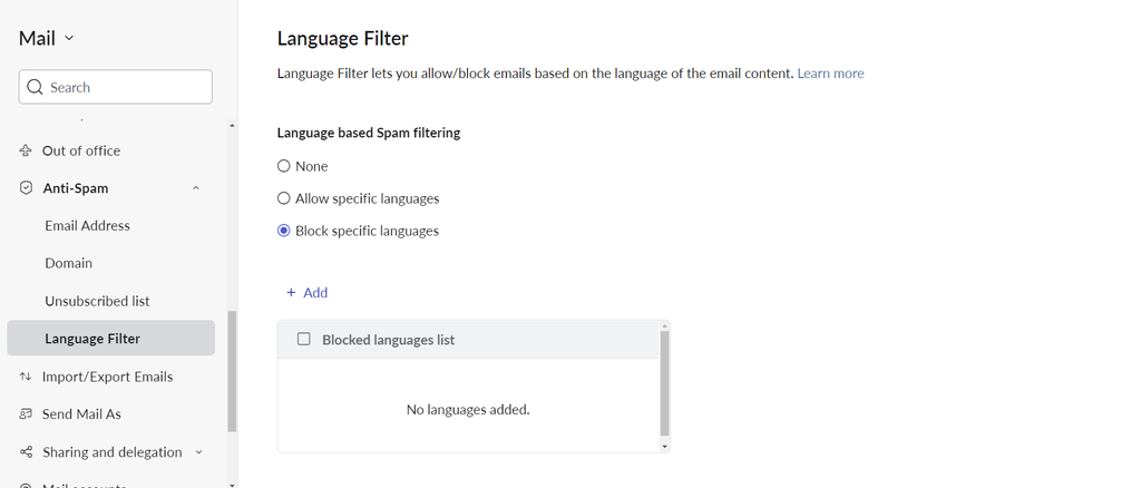 Language block list in Zoho Mail