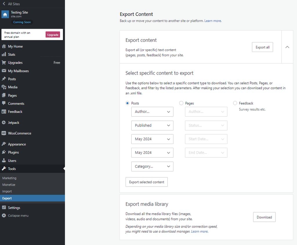 The Export Content section in the WordPress.com panel