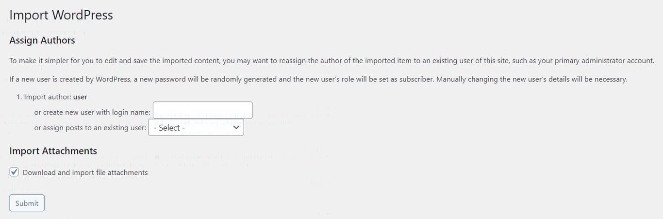 The Import section in the WordPress admin panel showing the options to assign authors and import attachements