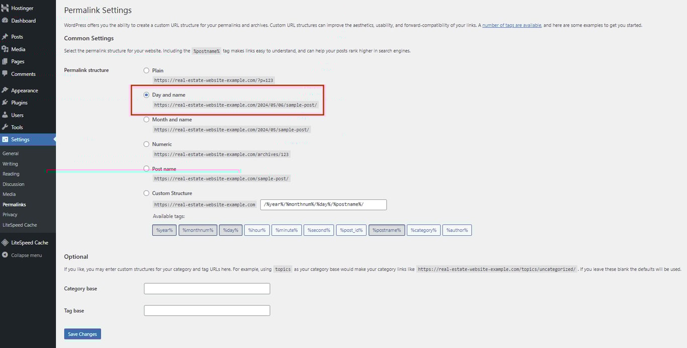 The Permalink Settings in the WordPress.org admin panel with the Day and name option highlighted in red