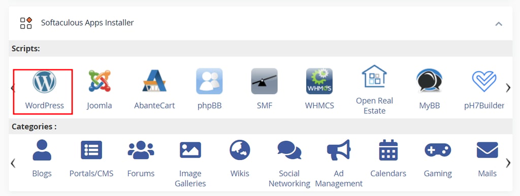 The Softaculous Apps Installer section in cPanel with WordPress highlighted in red