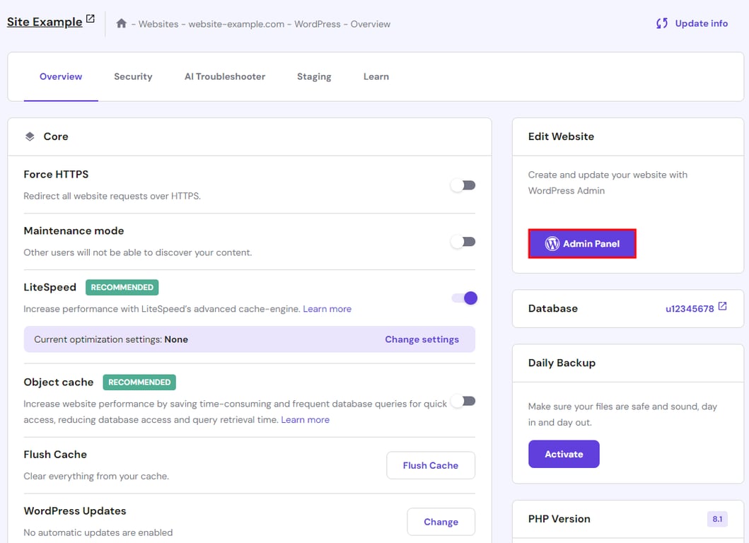 The Website Overview section with the Admin Panel button highlighted in red