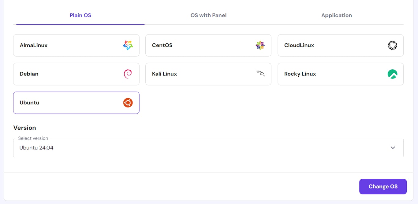 A plain Ubuntu operating system template in hPanel