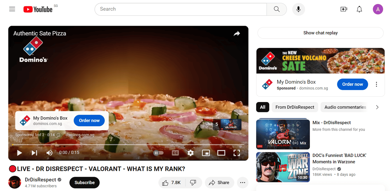 Advertisements in DrDisrespect's YouTube stream