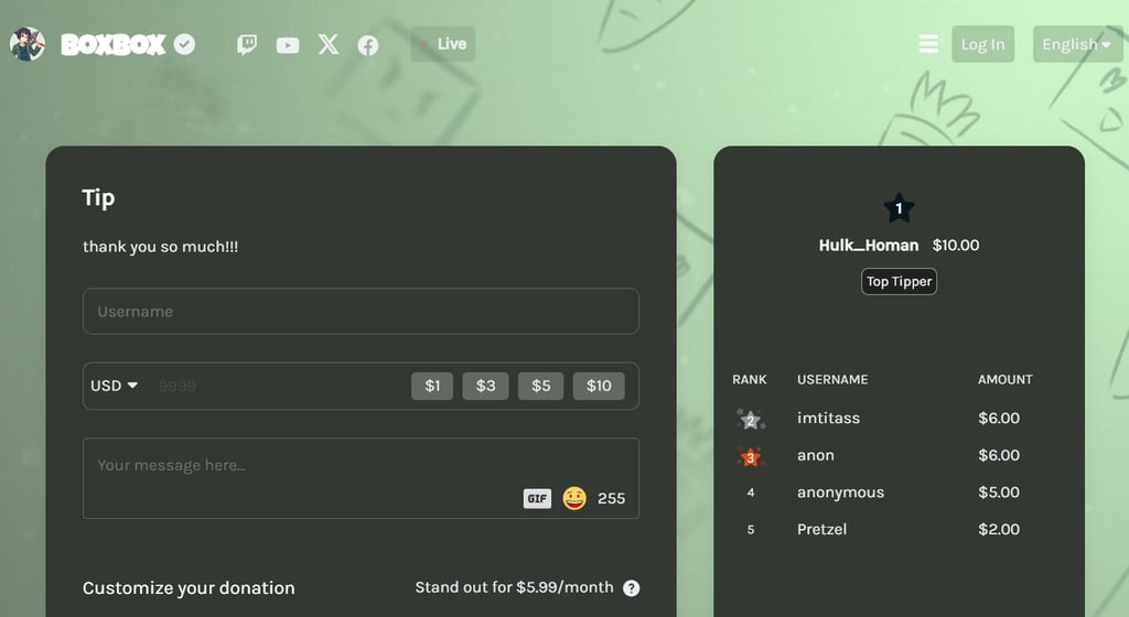 BoxBox Streamlabs donation page