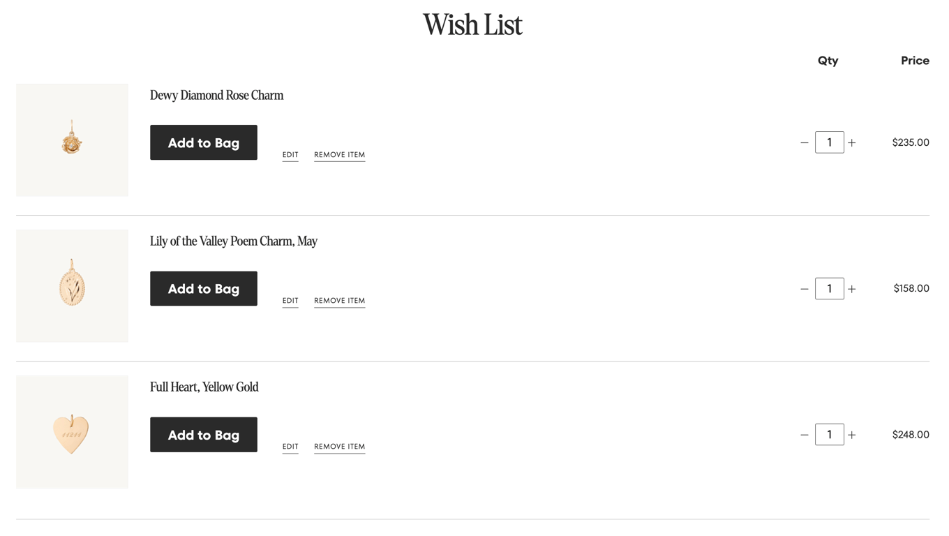 Catbird store's wishlist page