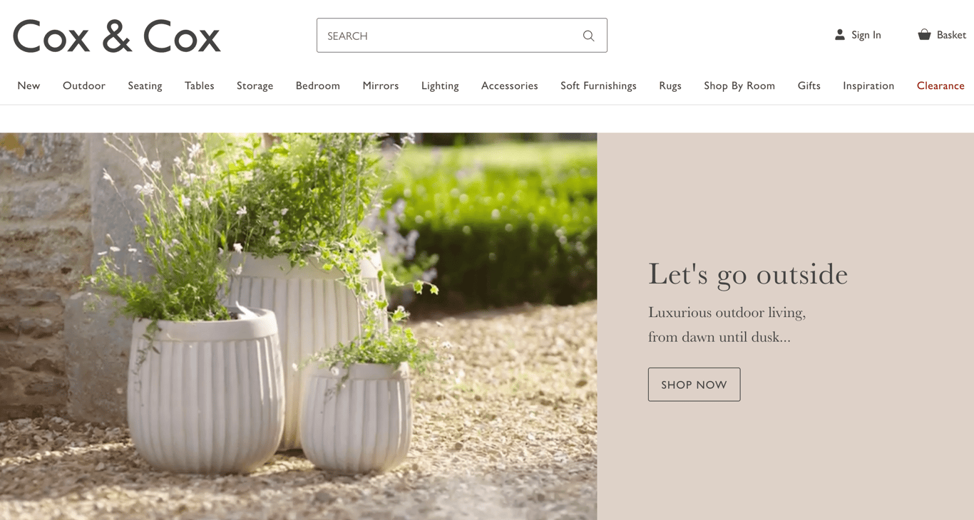 Cox & Cox official store's homepage